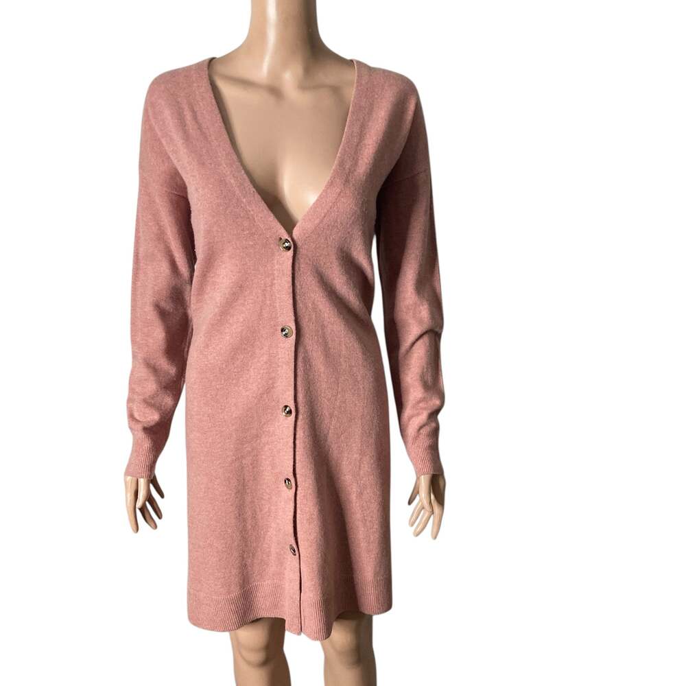 Ann Taylor Long Cardigan Womens Small Petite Wool Blend Pink VNeck
